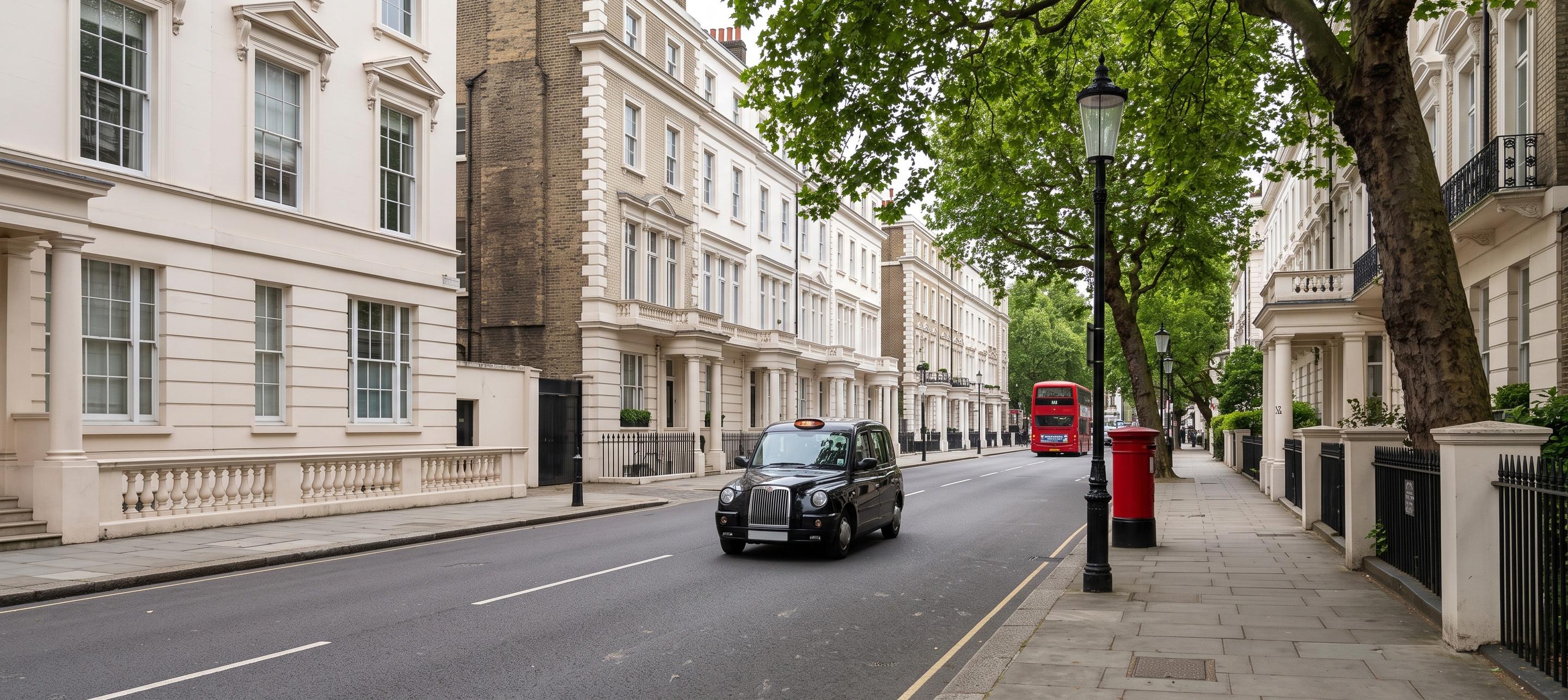 A white stucco London terrace street in early light, with a black cab and a red postbox