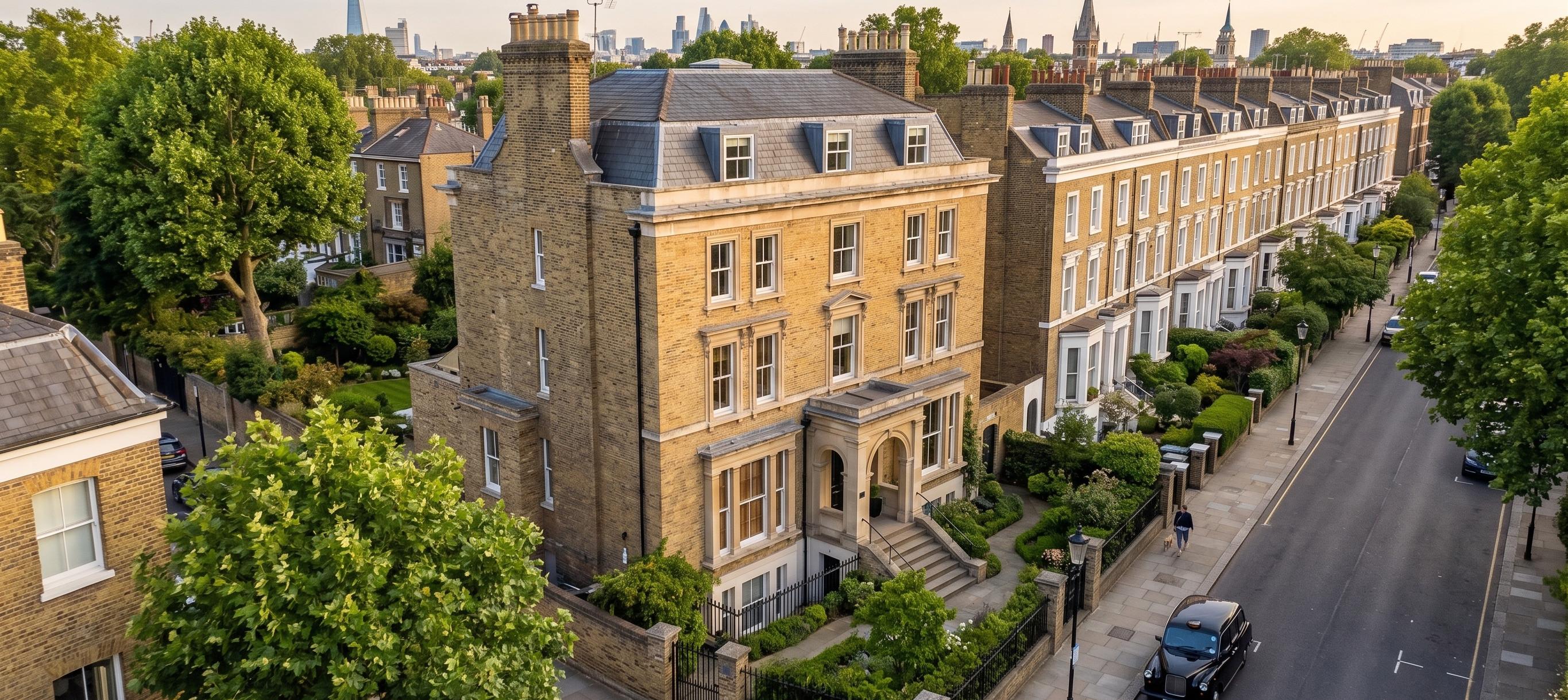 A London terrace of yellow-brick villas seen from above, the city skyline beyond