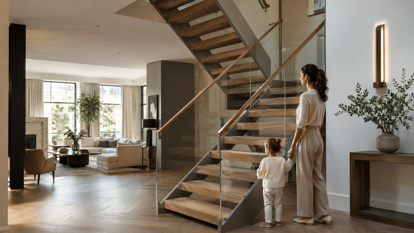 Floating staircase with steel treads in a London home